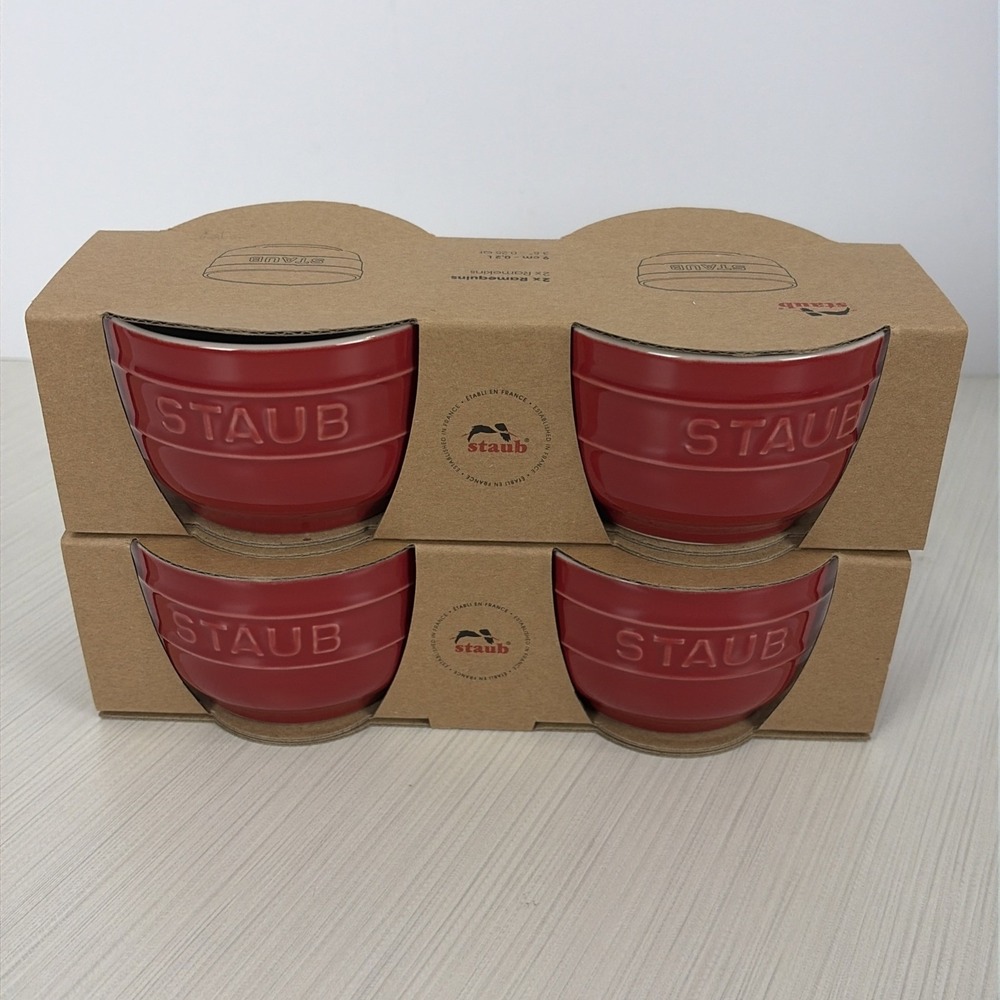 New Staub Ceramic 3.5" Ramekin Bowls Set Of 4 NIB Cherry Red